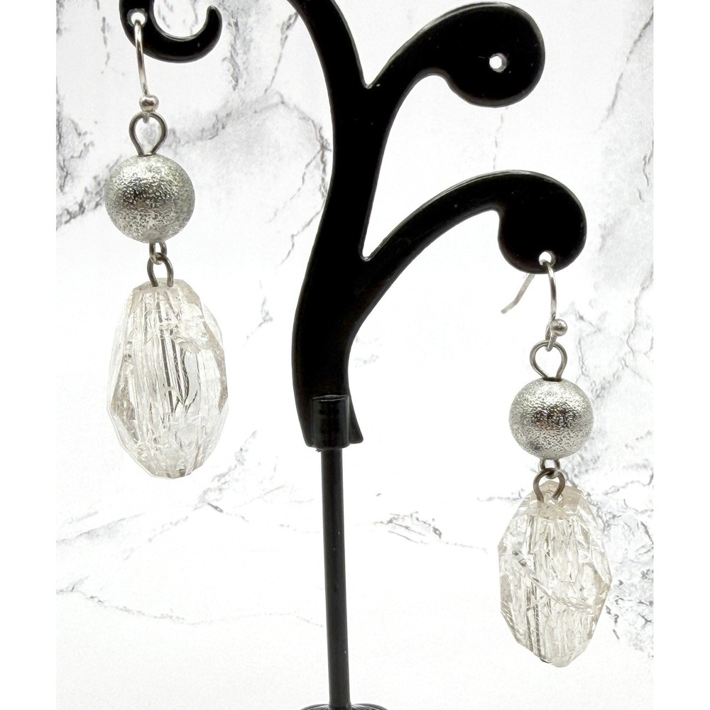 Clear Dangle Chunky Earrings Silver Ball‎ Drop 1.75" Lightweight Minimal